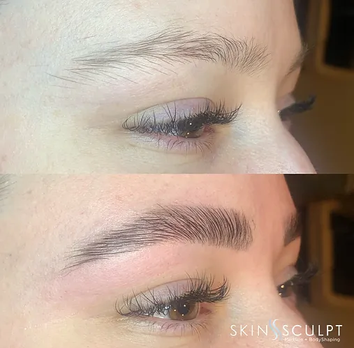 Before and after images showing a woman's eyebrow transformation from sparse to fuller and well-defined
