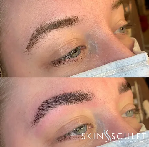 Before and after images showing the transformation of a woman's eyebrows from thin to thick and well-defined
