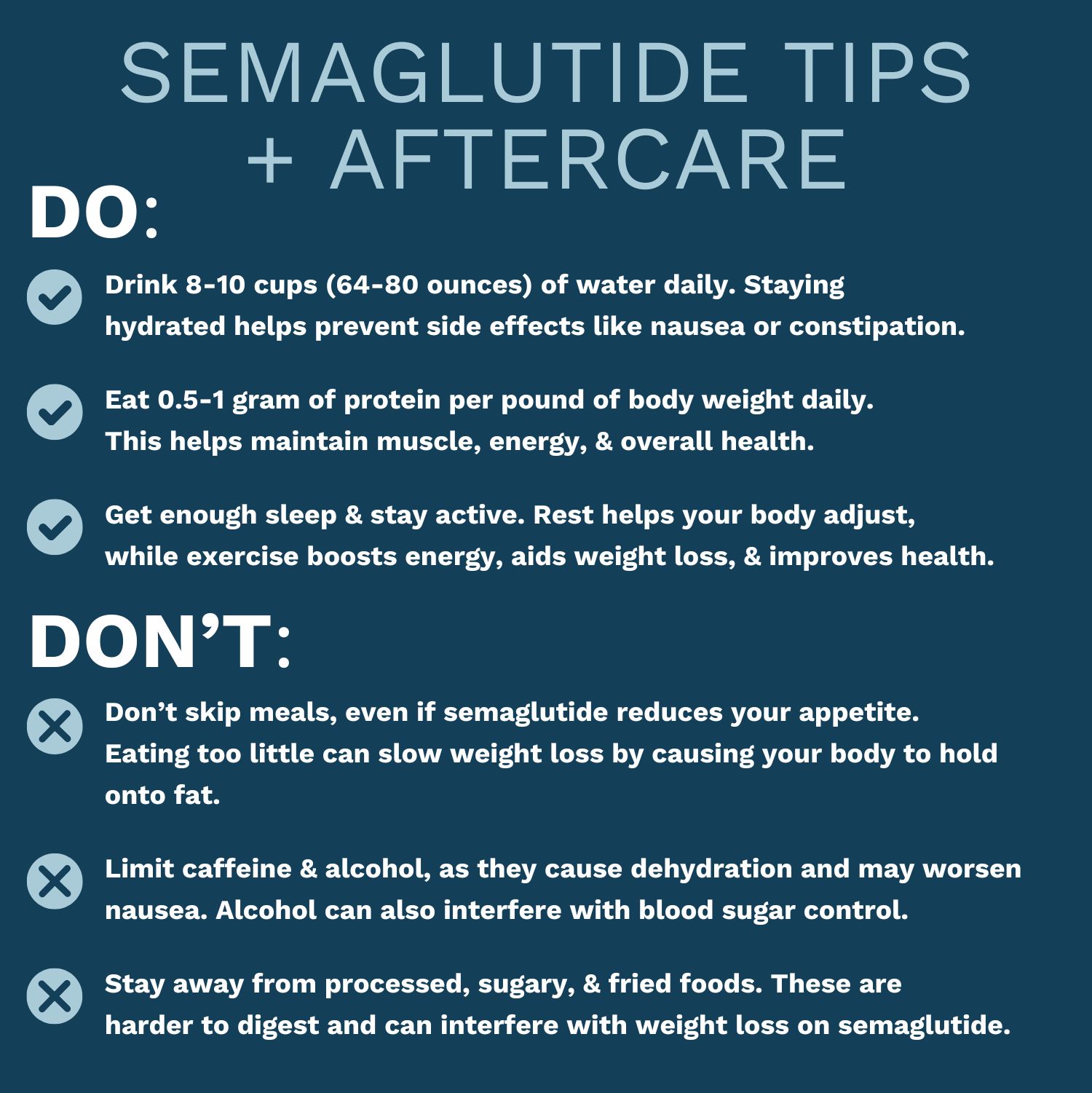 Detailed mobile graphic of semaglutide tips and aftercare. Details what is a "do" and a "dont."